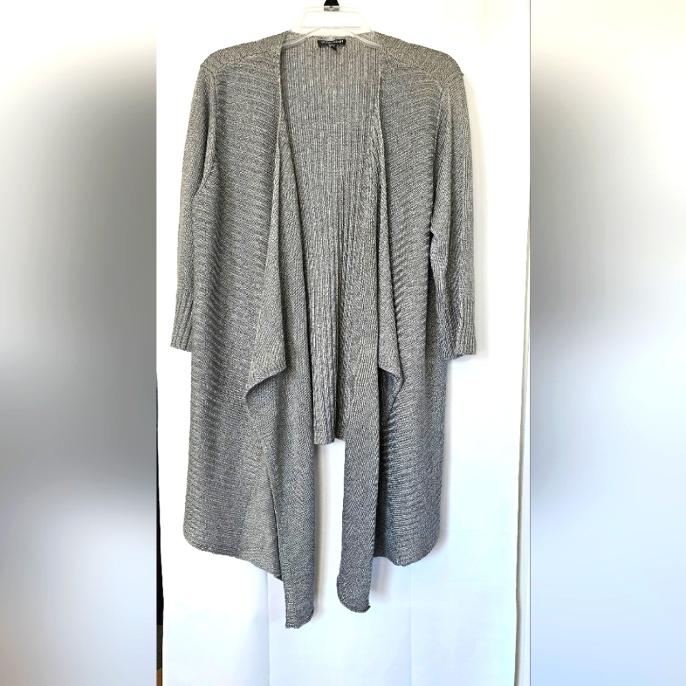 Eileen Fisher Grey Linen‎ Silk Rib Knit Waterfall Cardigan Size L